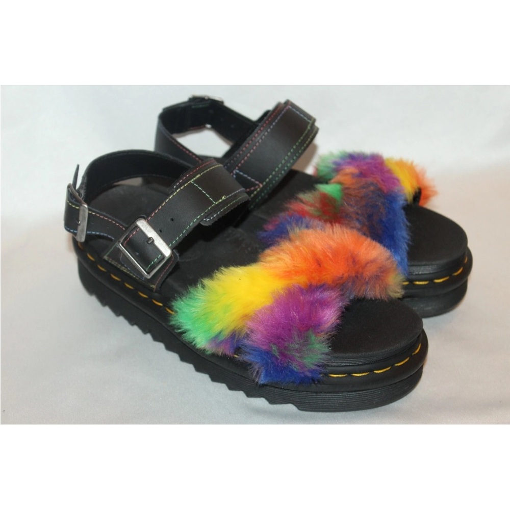 NEW! Dr. Martens Black Sandals with Multicolor Fur